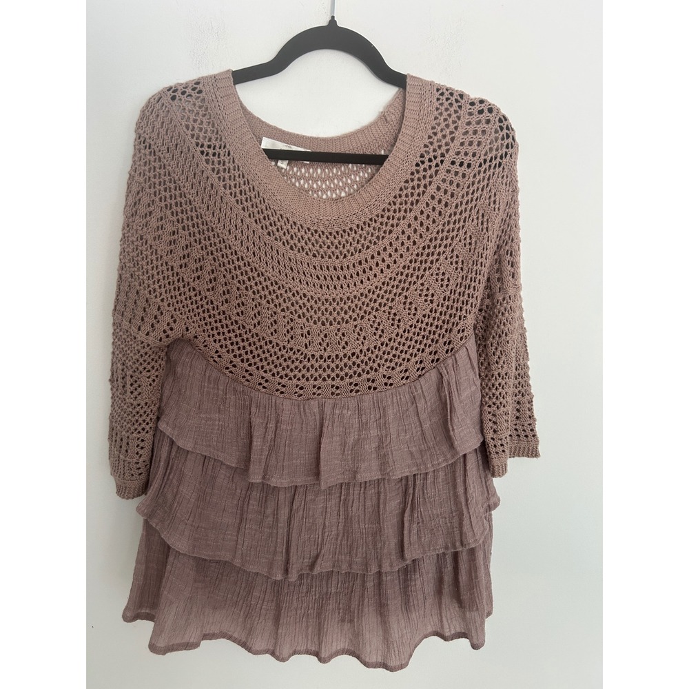 Entro Mauve Crochet Knit Tiered Ruffle‎ Gauze Top Womens Small Boho Mixed Media